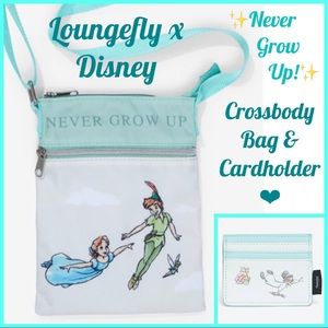 LOUNGEFLY DISNEY PETER PAN Never Grow Up CROSSBODY BAG & CARDHOLDER!
